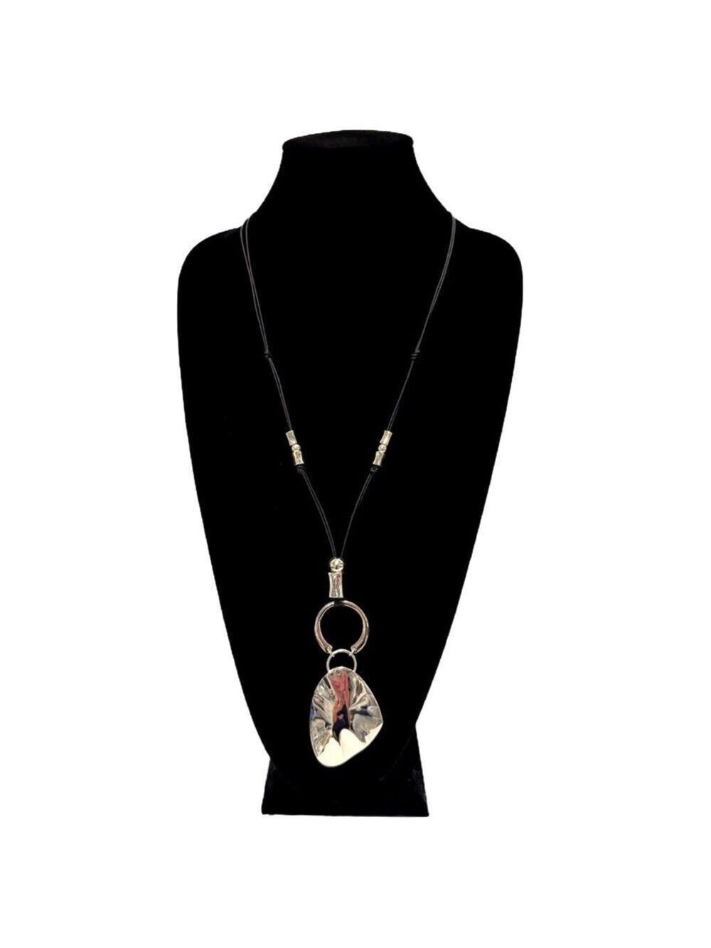 CHICO’S | Silver Abstract Pendant Necklace on Black Cord | NWT